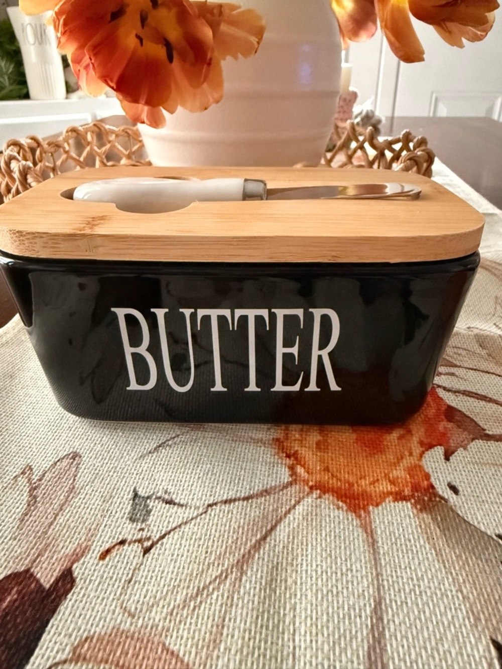 Modern Black Ceramic Butter Dish with Wood Lid & Spreader - farmhouse kitchen